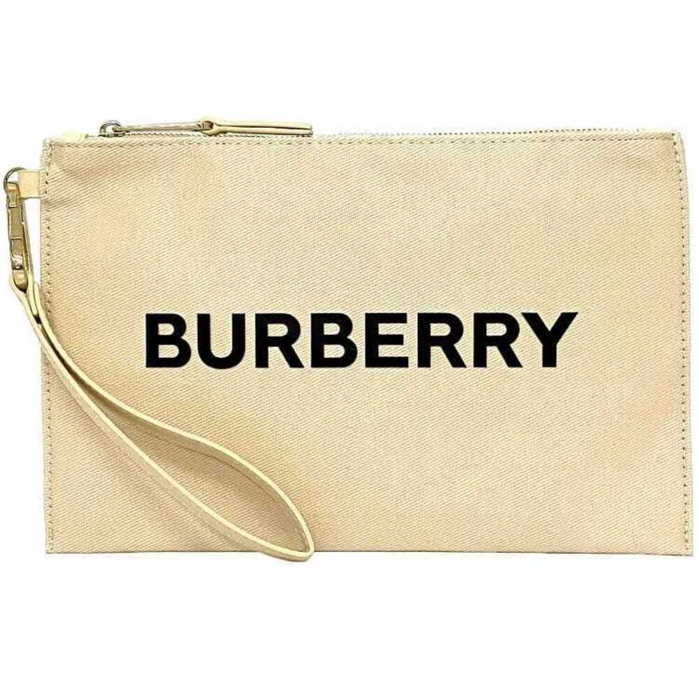 Burberry Clutch Bag Cream Beige Gold Canvas Leather Zipper Strap Logo Clutch